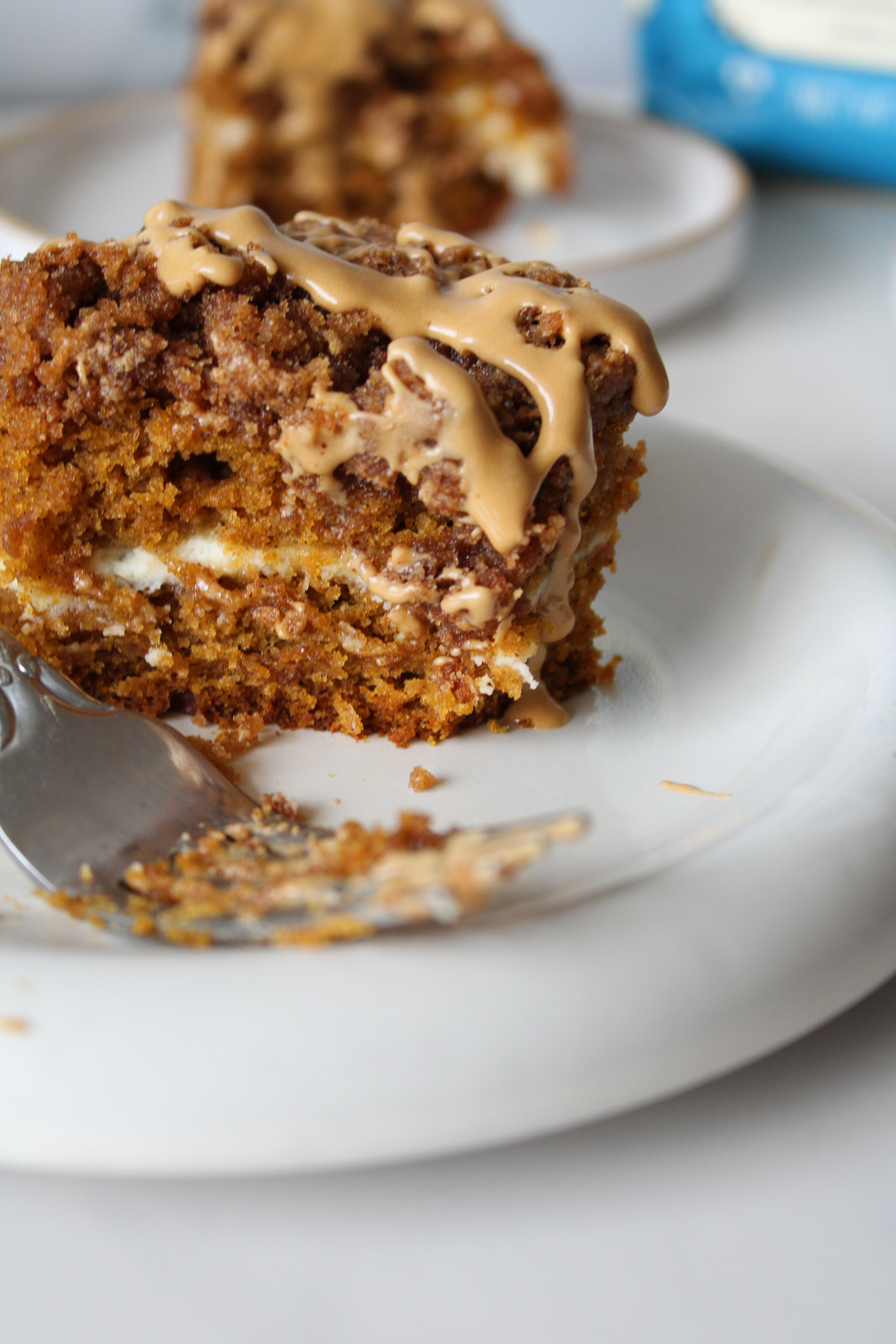 close up of pumpkin spice latte coffee cake recipe with drizzle