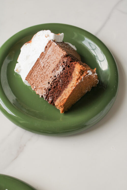 Smores Mousse Cake .Three layers of cake, chocolate mousse, marshmallow meringue