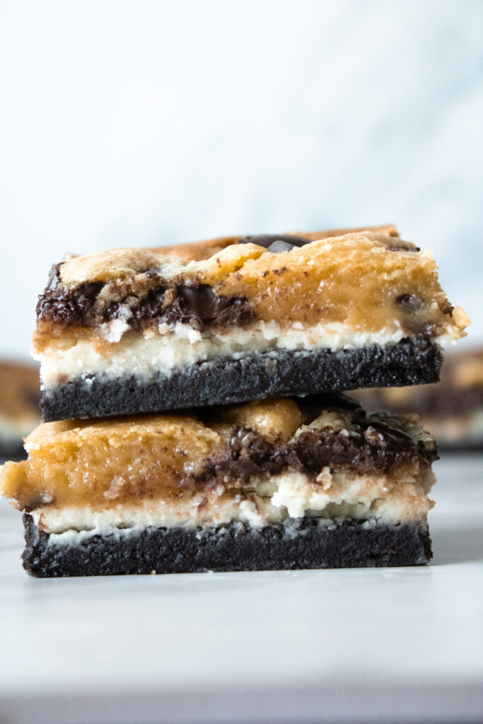 elevated triple-layer brownies stacked