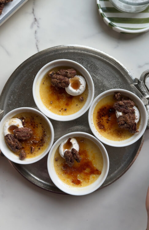 Salted Maple Crème Brûlée in ramekins on a silver tray