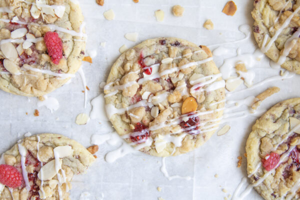 Rasberry Almond Coffee Cake Cookies with almond drizzle