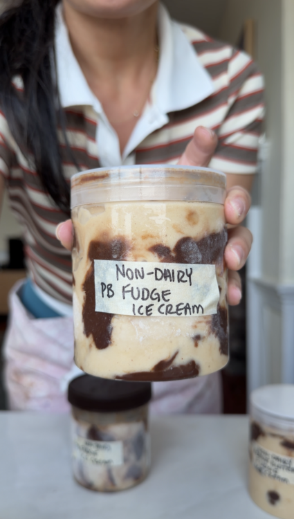Lily P Crumbs, alex george holding Non-dairy peanut butter ice cream pint