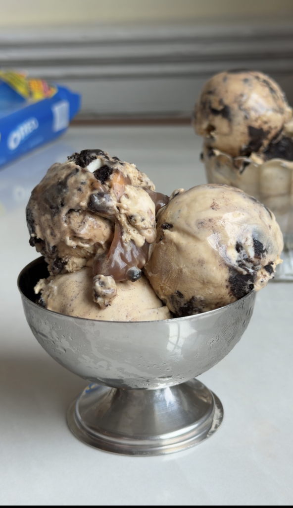 scoops of coffee oreo butter ice cream in a coup glass